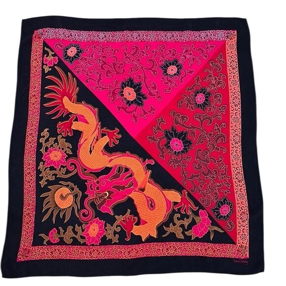 Diane Von Furstenberg Silk Scarf Asian Dragon Floral Black Magenta 34" DVF - Picture 1 of 14